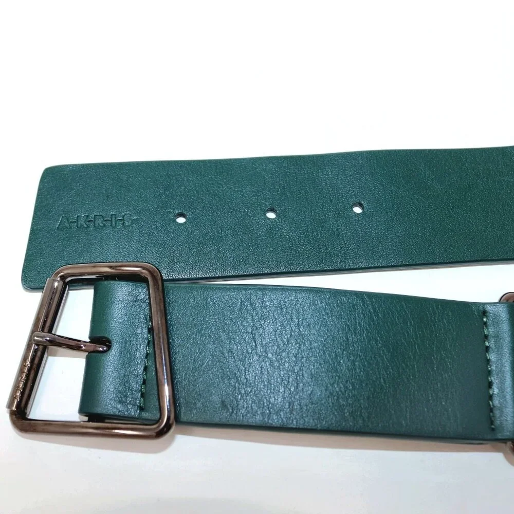 Akris Size 85 Green Leather and Elastic Belt with Trapezoid Buckle Sporty-Belt - Picture 3 of 15